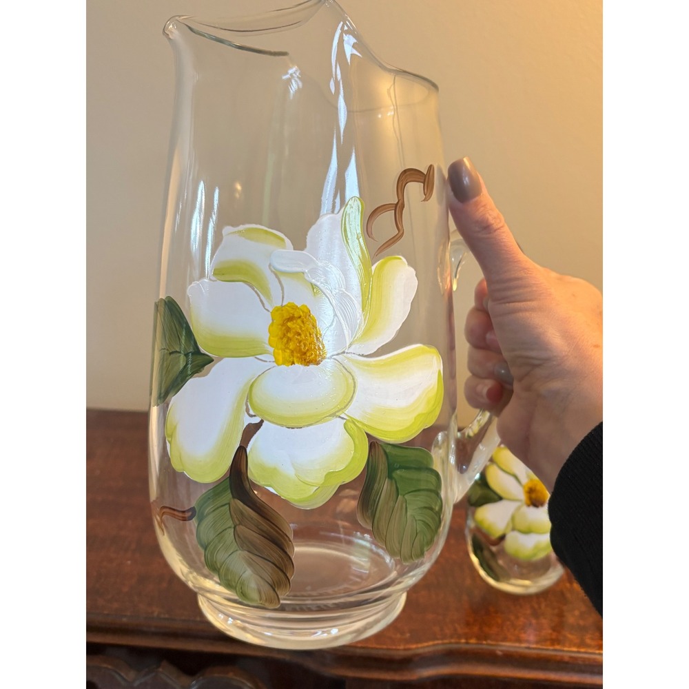 Vintage MCM Bartlett Collins pitcher & glasses set magnolia hand-painted - Picture 4 of 14